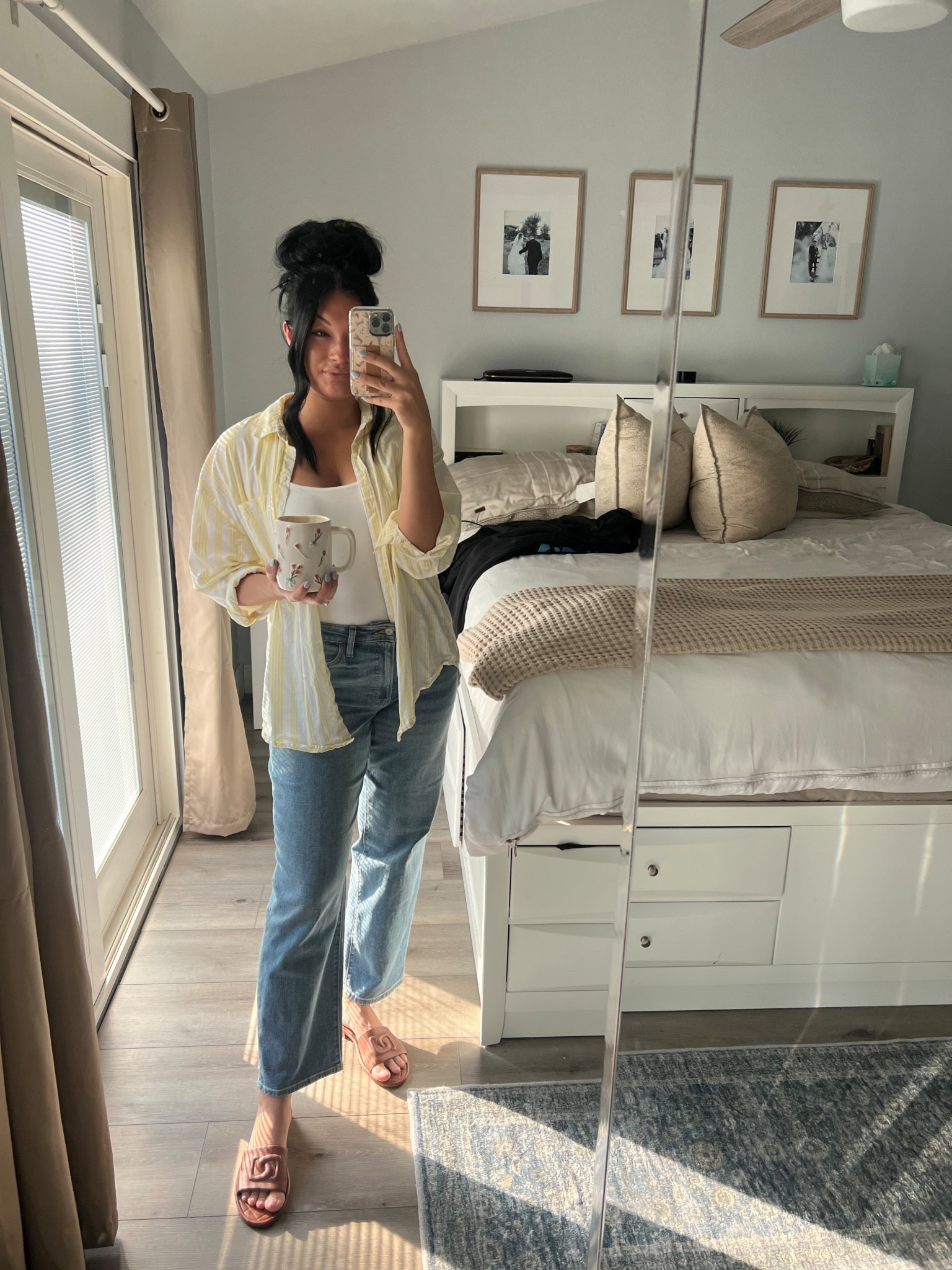 This casual outfit is so perfect for spring. I love the striped yellow button up.. it comes in so many different colors too. Also the slides…. Most comfortable EVER! Has so much cushion and just WOW 💕🌸☀️ 

#LTKFindsUnder100 #LTKShoeCrush #LTKStyleTip