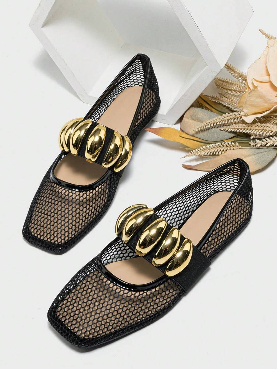 Summer Women's Hollow Breathable Fishnet Loafers With Elastic Strap & Metal Decoration, Mary Jane... | SHEIN