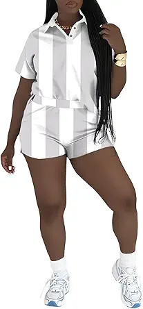 2 Piece Sets for Women Summer Casual Striped Polo Shirt High Waisted Short Workout Jogger Sets | Amazon (US)
