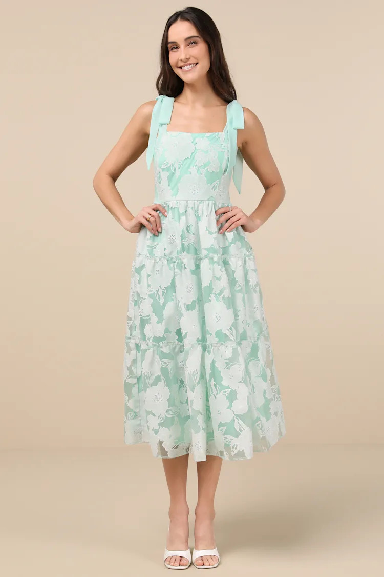 Proof of Perfection Mint Green Floral Tiered Tie-Strap Midi Dres | Lulus