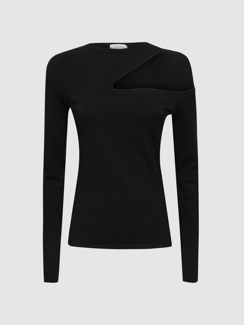 Reiss Black Lucille Fitted Cut-Out Long Sleeve Top | Reiss US