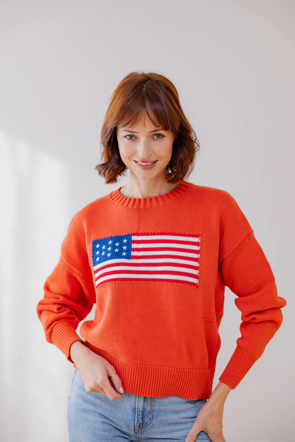 GRANT Terracotta Whipstitch American Flag Cotton Crewneck Sweater | Pearls & Camo