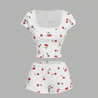 Cherry Print Cute Suit - Shirt, Round Neck Slim T And Shorts, Summer Vacation Suit, Cute Two-Piece Suit,Summer Vacation Suits, Home Suits, Leisure Sui | SHEIN