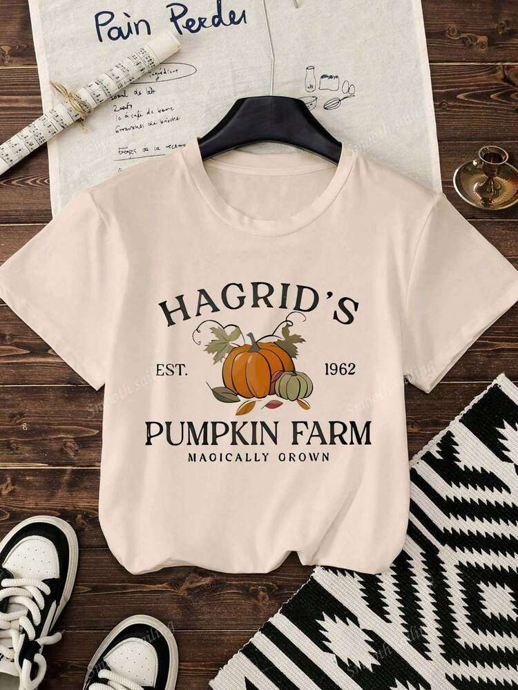 Women's Plus Size Round Neck Short Sleeved T-Shirt With Pumpkin Letter Pattern Print, Sweet And Gentle Temperament, Slim Fit Plus Size Summer Tops Women Graphic Tees | SHEIN