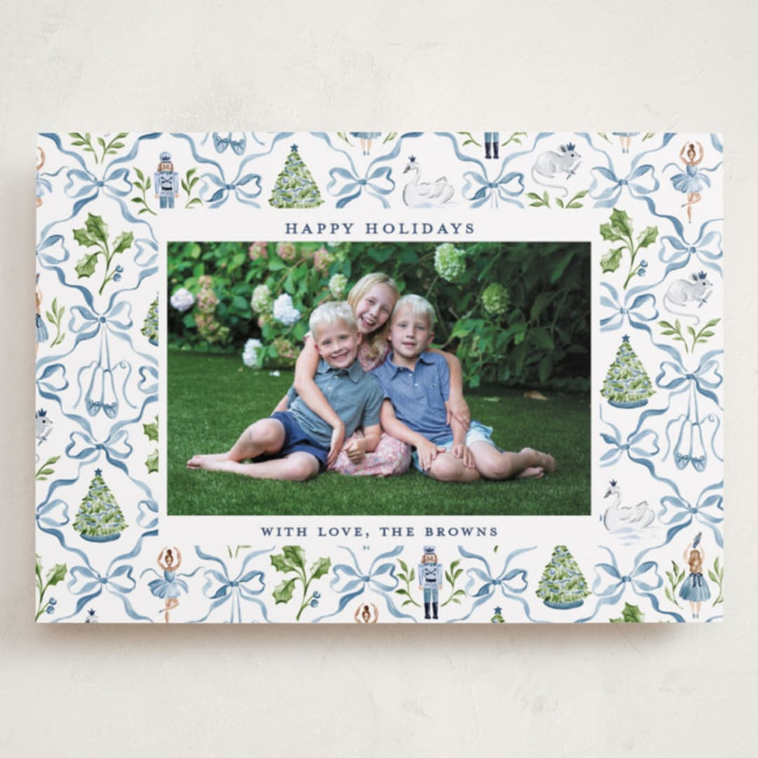 "Nutcracker ribbons" - Customizable Grand Holiday Cards in Blue by Sarah Knight. | Minted