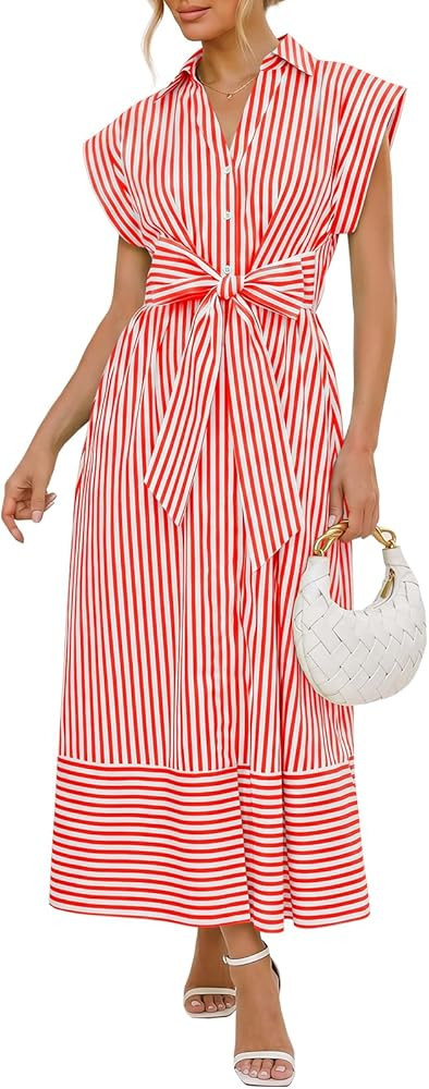 Wenrine Womens Summer Striped Maxi Dresses A Line Cap Sleeve Tie Waist Casual Button Collared Shi... | Amazon (US)
