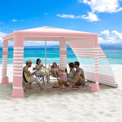 MoKo Beach Cabana, 8'×8' Large Beach Canopy with Side Wall, UPF 50+ Protection Easy Setup Beach Tent Sun Shelter, Adjustable Height Wind Resistant Cabana Beach Tent for Whole Family, Pink Stripe | Amazon (US)