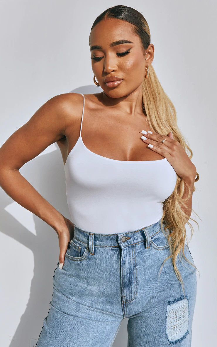 Shape White Slinky Spaghetti Strap Bodysuit | PrettyLittleThing UK