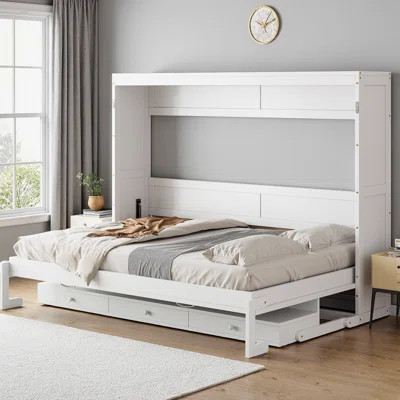 Queen Size Murphy Bed with Vanity Desk & Storage, Foldable Wall Bed with Center Mirror, 2 Drawers & Hydraulic Lift System, Space Saving Cabinet Bed fo | Wayfair North America