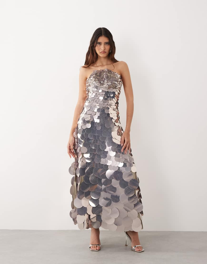 ARRANGE disc sequin crescent bandeau maxi dress in silver | ASOS (Global)