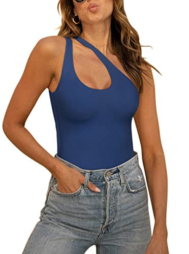 REORIA Women's Summer Sexy One Shoulder Cutout Front Sleeveless One Piece Tank Tops Backless Thong Bodysuits Leotards For Going Out Dark Blue Small | Amazon (US)