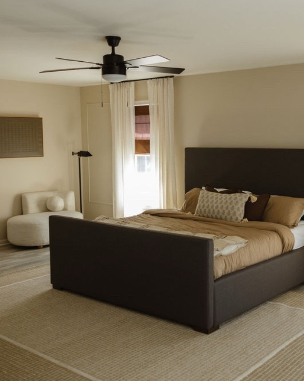 Bedroom, area rug, boucle furniture, bed frame, curtains, Roman shade 

#LTKHome