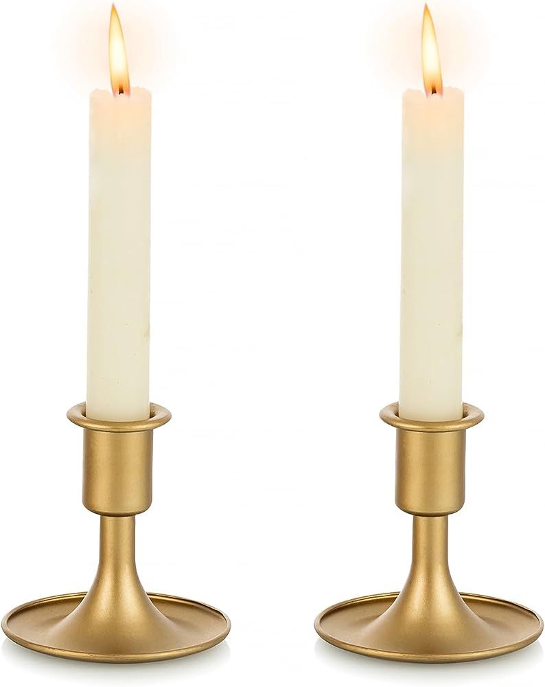 Amazon.com: Gold Taper Candle Holder Set of 2, Hewory Short Skinny Brass Candlestick Holders, Vin... | Amazon (US)