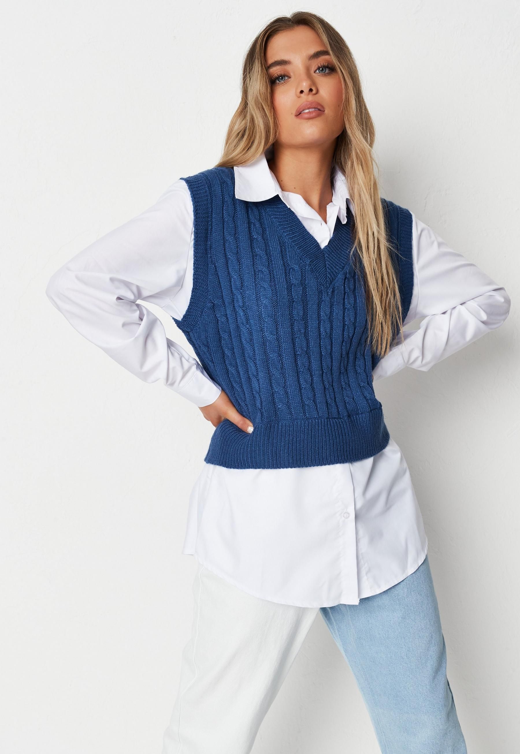 Missguided - Blue Cable Detail Overlay Shirt Knit Sweater | Missguided (US & CA)