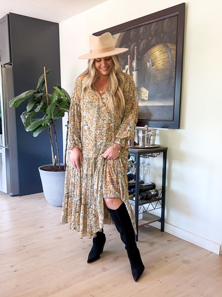 Dress runs big, I’m in a medium. Boots run tts + come in wide calf. I’m in the wide calf. Hat runs big. I’m in a medium, can fit in a small too. 

#LTKstyletip #LTKSeasonal #LTKshoecrush