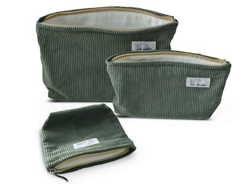 HAPPYHEIDI Corduroy Makeup Bag Set 3 Cosmetic Toiletry Travel Pouch Organizer for Purse Tote, Women Girls Gift, Large Medium Small, Solid Sage Green | Amazon (US)