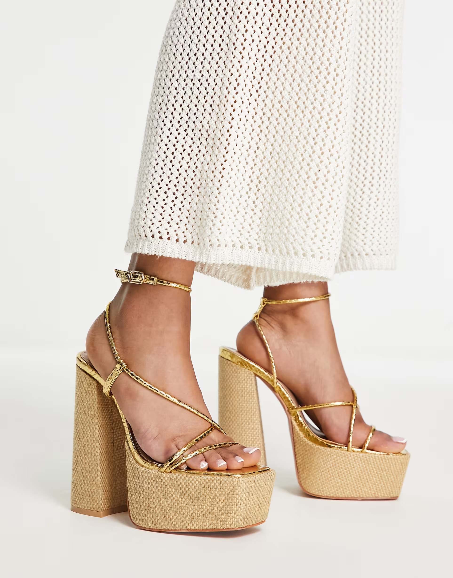 Public Desire Blissful raffia strappy platforms in gold | ASOS (Global)