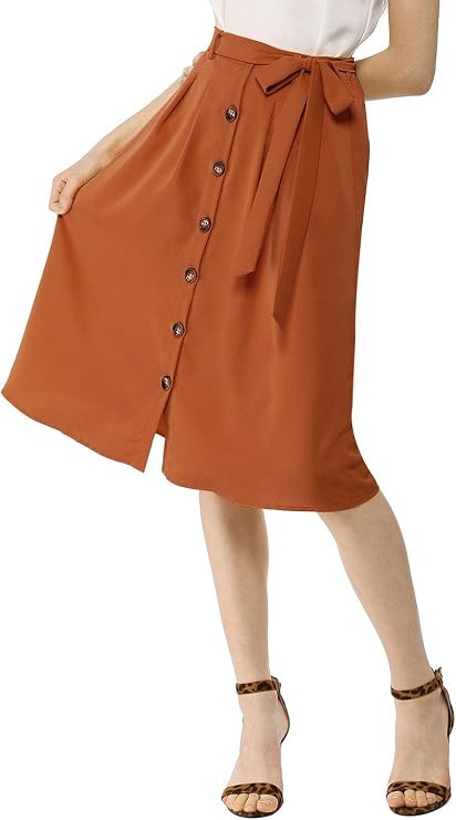 Allegra K Women's Button Front Casual High Waist Belted Midi Flare Skirt | Amazon (US)