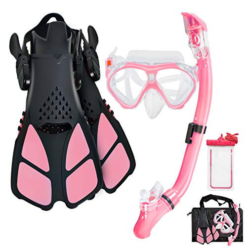 Aisrida Kids Snorkeling Set Children Mask Fin Snorkel Set Snorkeling Gear Snorkel Mask + Adjustable Swimming Kids Flippers+ Dry Snorkel Tube + Travel Bags (Pink) | Amazon (US)