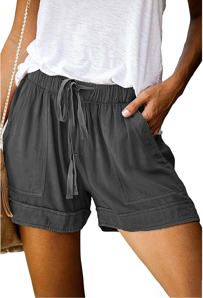BTFBM Women Casual Shorts Plain Solid Color Elastic Waist Drawstring Pockets Summer Beach Lightwe... | Amazon (US)
