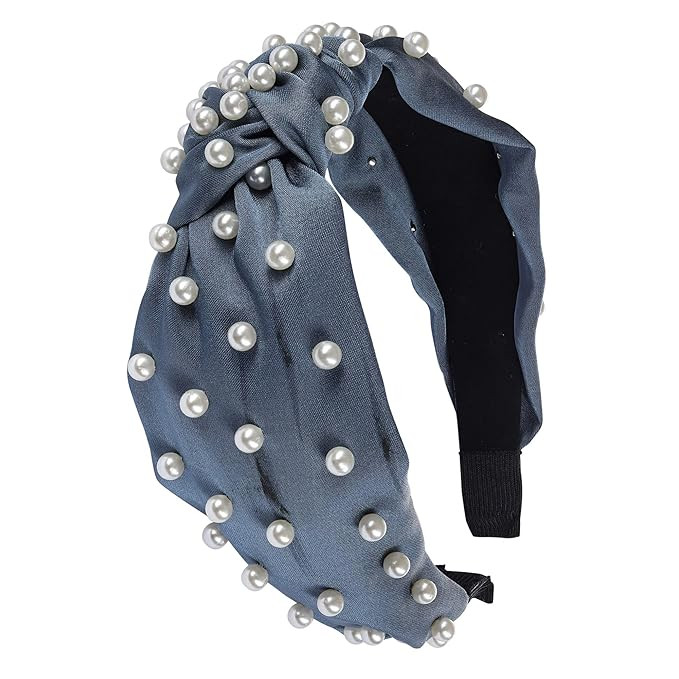 SOMEWHERE HAUTE Ladies Satin Blue With Pearls Top-knot Headband (Satin Blue) | Amazon (US)