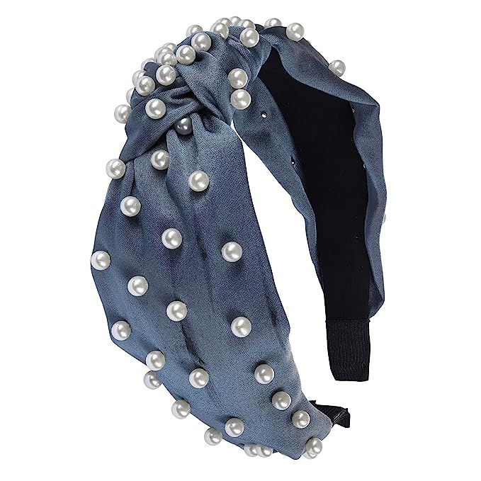 SOMEWHERE HAUTE Ladies Satin Blue With Pearls Top-knot Headband (Satin Blue) | Amazon (US)