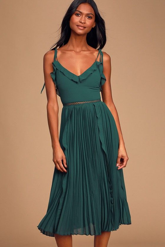 Never a Dull Moment Emerald Green Tie-Strap Pleated Midi Dress | Lulus (US)
