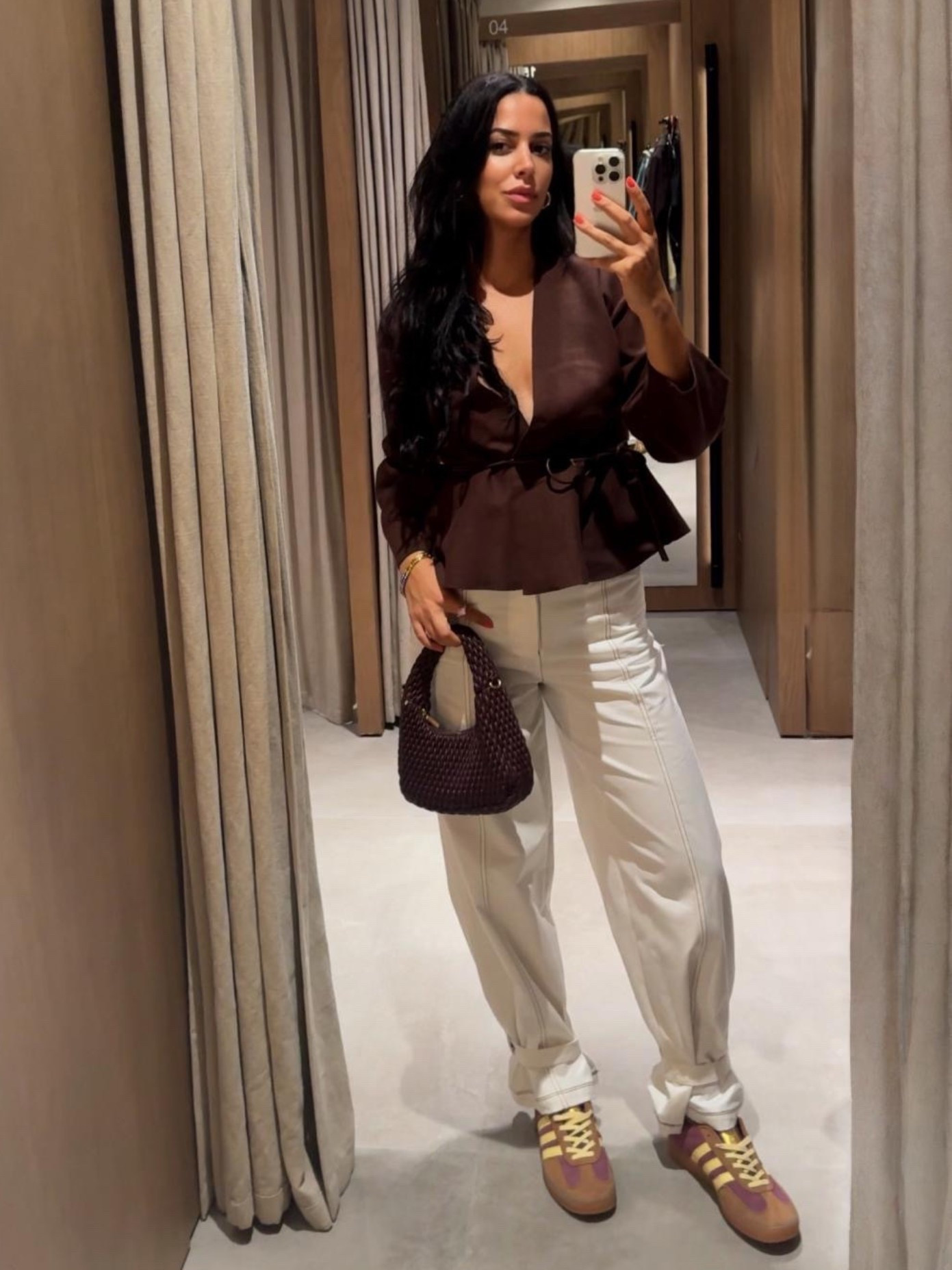 Perfect casual chic outfit with this chocolate belted cardigan, contrast stitch pants from Zara and quilted / dumpling burgundy bag. Love these warm and oyster white colors for fall autumn season paired with sambas to walk around town looking cute 

#LTKautumn #LTKFashionMonth #LTKjeans