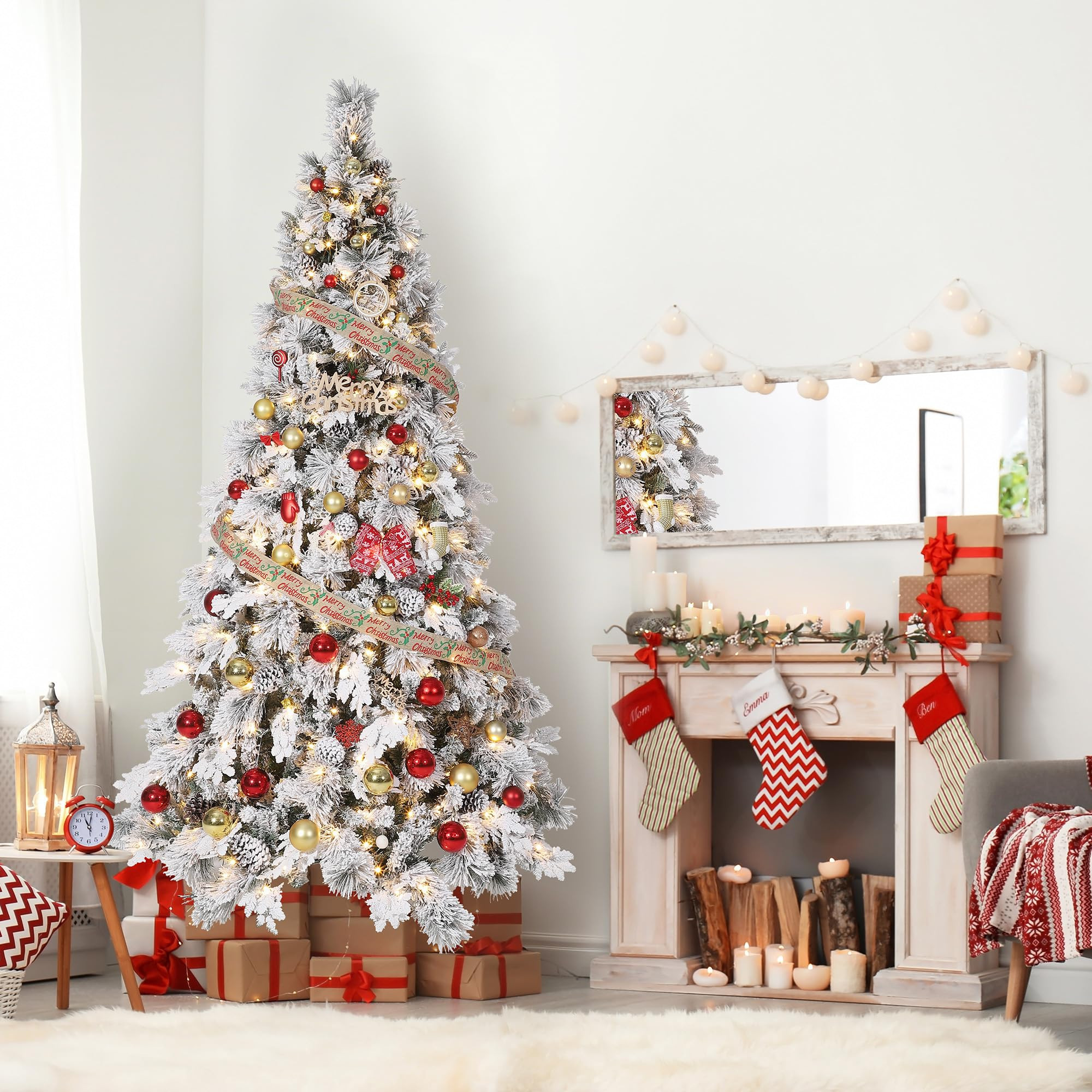 Garvee Seven and a Half FT Prelit Snow Flocked Spruce Artificial Christmas Tree with Incandescent Warm White Lights and a Foldable Stand White | Lowe's