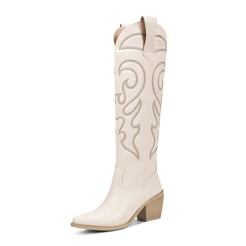 wetkiss White Knee High Cowboy Cowgirl Boots for Women, Western Boots Women with Zipper Pointed Toe, Tall Block Heel Retro, Embroidered, Classic | Amazon (US)
