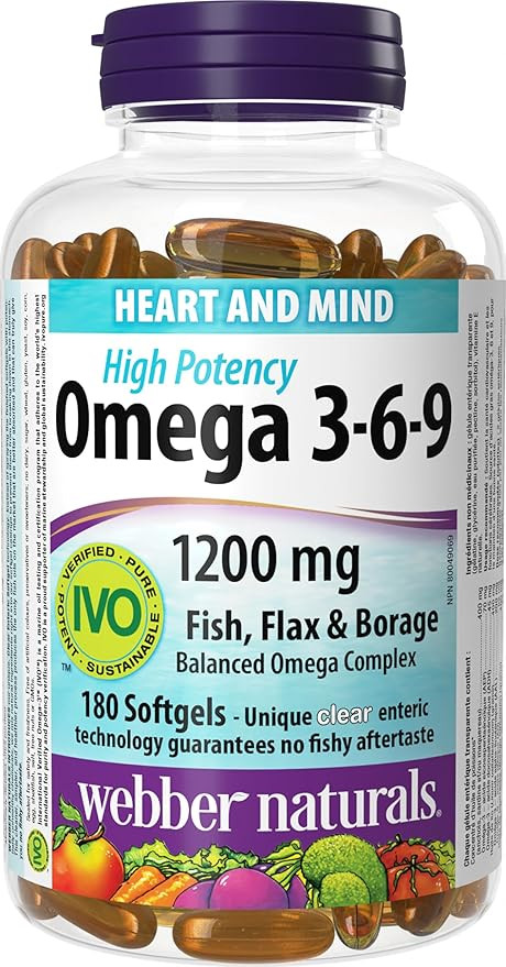 Webber Naturals Omega 3-6-9 1,200 mg Fish Oil, 180 Clear Enteric No Fishy Aftertaste Softgels, Su... | Amazon (CA)