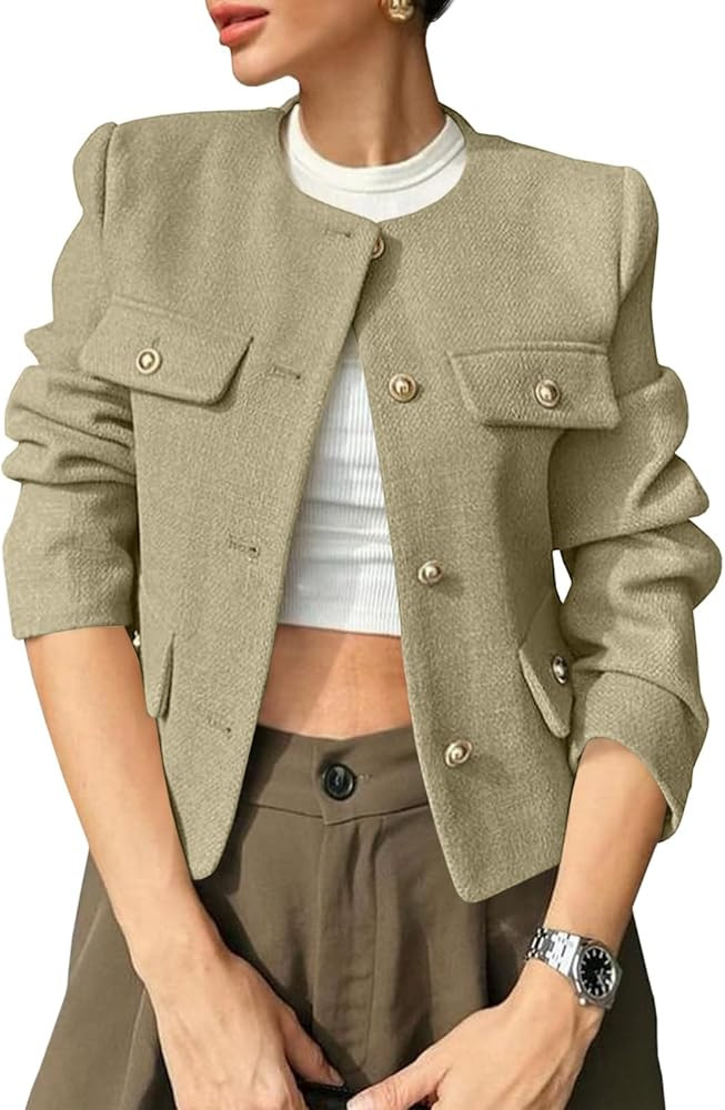 Cicy Bell Womens Cropped Tweed Blazer Jackets Collarless Button Down Business Casual Outfits with... | Amazon (US)