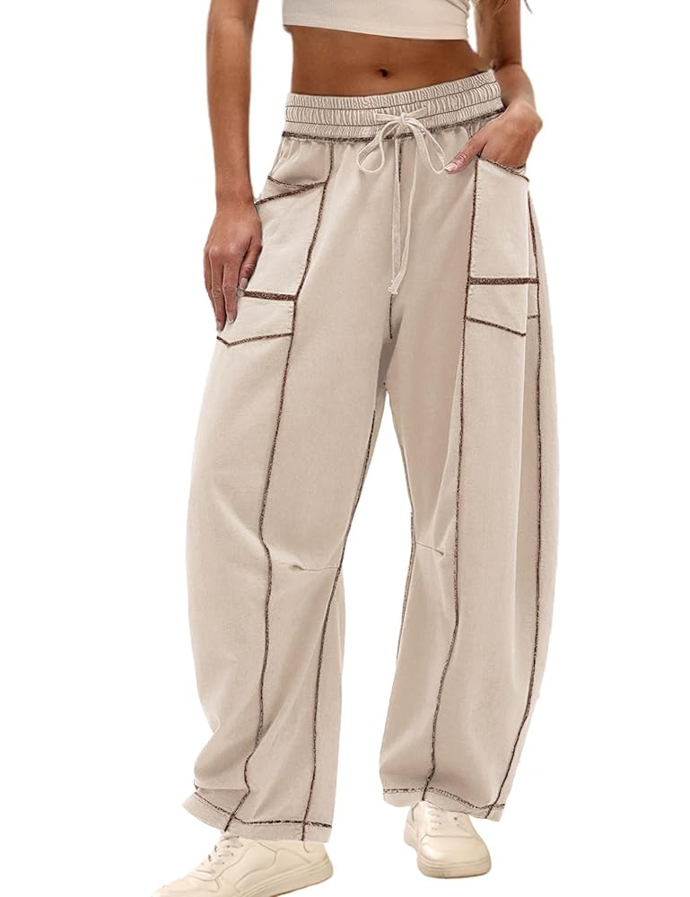 Athlisan Womens Baggy Barrel Pants Wide Leg Lounge Drawstring Sweatpants with Pockets | Amazon (US)