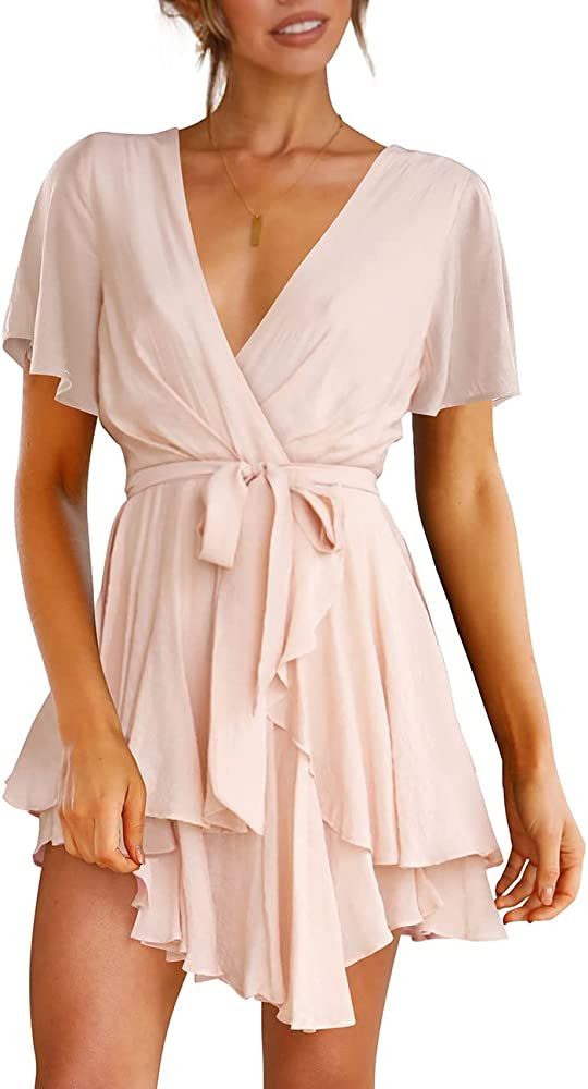 Cosonsen Womens Party Dress Short Sleeve Deep V-Neck Tie Waist Mini Dress Pink XS at Amazon Women... | Amazon (US)