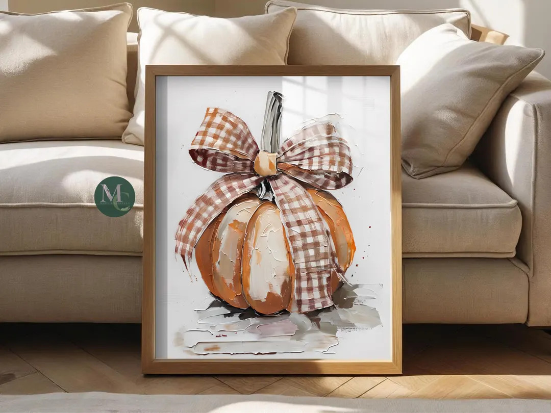 Gingham Bow Pumpkin Autumn Impasto Printable Wall Art, Cozy Minimalist Boho Fall Decor, Digital O... | Etsy (US)