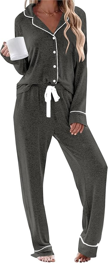 Womens Long Sleeve Pajamas Set Soft Sleepwear Button Down Shirt and Long Pants Pj Lounge Sets S-X... | Amazon (US)