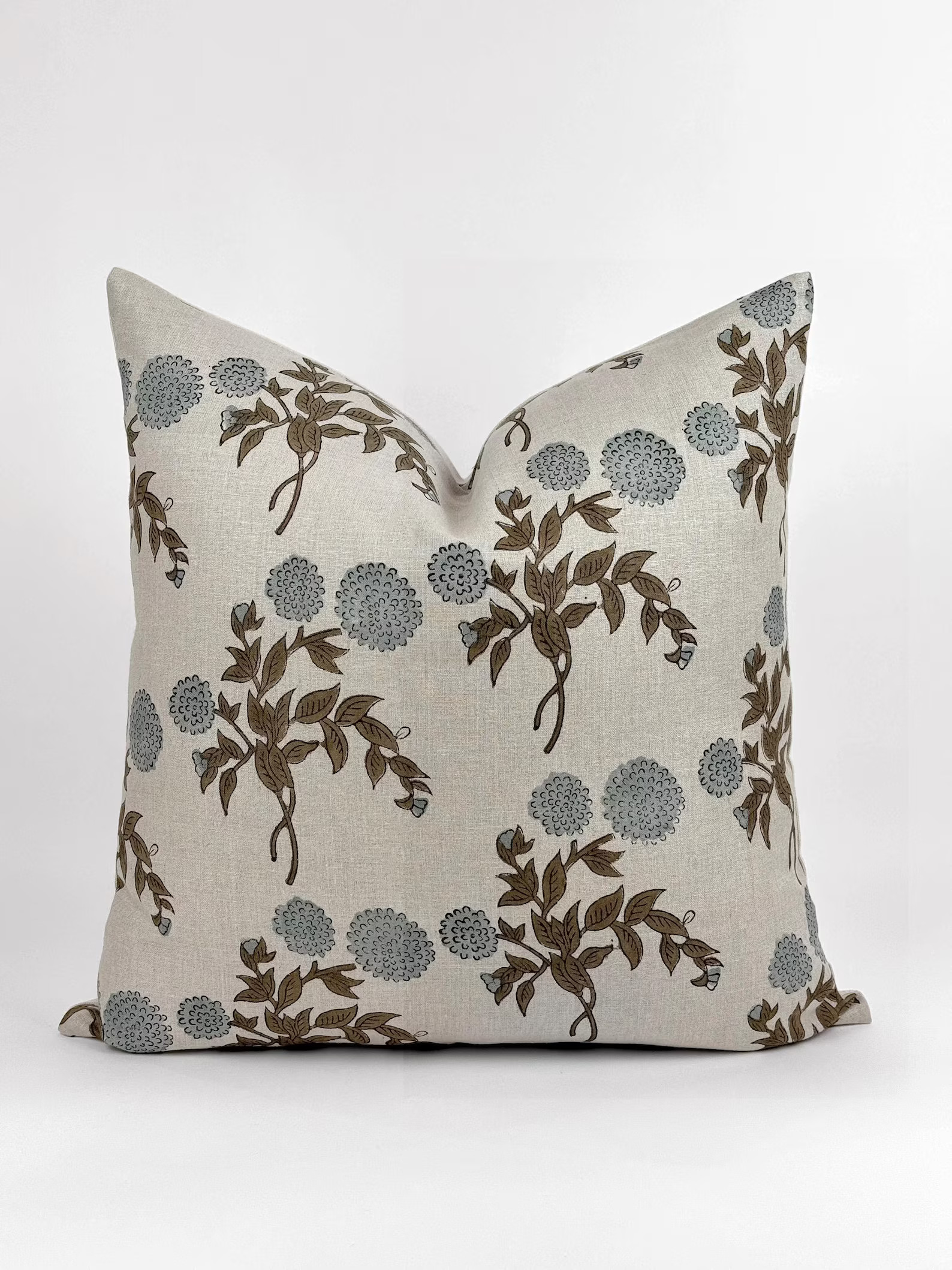 FONTANNE | Designer Grey Blue Floral Linen Pillow Cover, Block Print Pillow, Light Blue Pillow, B... | Etsy (US)