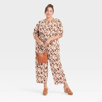 Women's Puff 3/4 Sleeve Jumpsuit - Universal Thread™ Brown Floral | Target