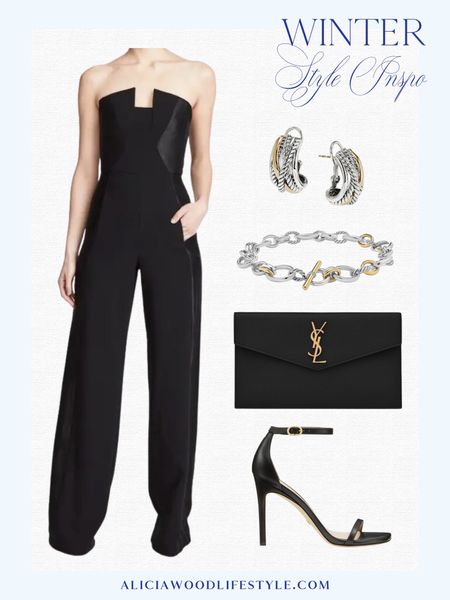 A timeless black jumpsuit for a Holiday party that will standout in a party of dresses.

black strapless jumpsuit 
black sandal heels 
YSL black clutch


#LTKstyletip #LTKHoliday #LTKover40