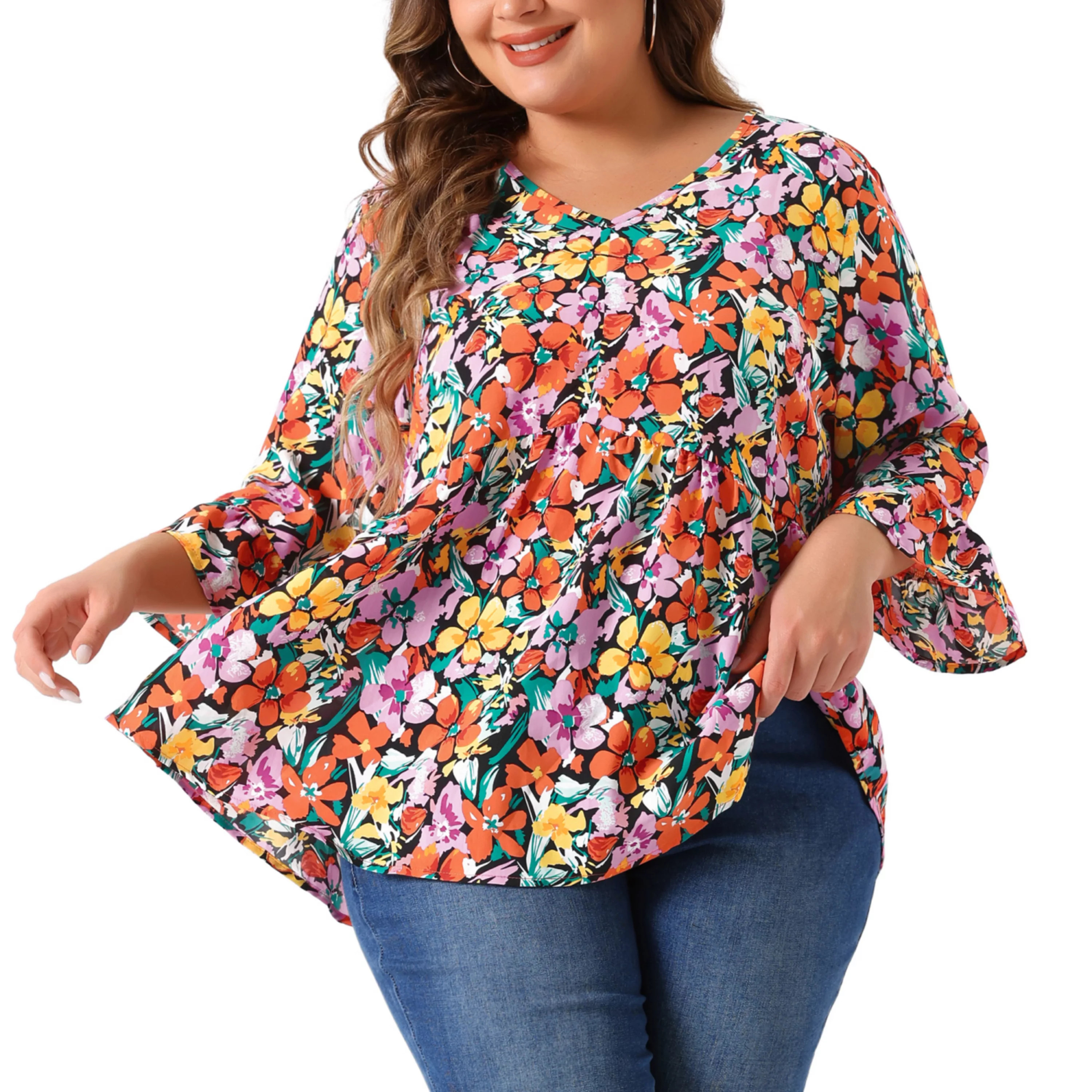 Plus Size Floral Blouses for Women V Neck Ruffle Sleeve Babydoll Peplum Tops | Kohl's