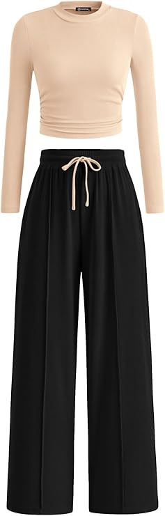 PRETTYGARDEN Women's 2 Piece Sets 2026 Fall Long Sleeve Crop Tops Wide Leg Pants Matching Outfit ... | Amazon (US)