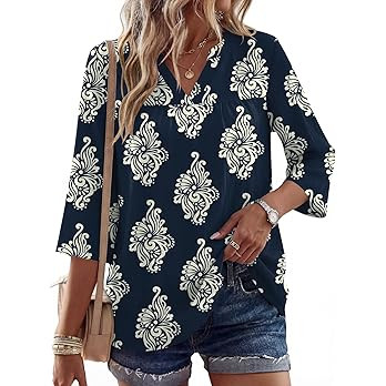 Rapbin Womens 3/4 Sleeve V Neck Floral Print Pleated Blouses for Women Dressy Casual Loose Fit To... | Amazon (US)