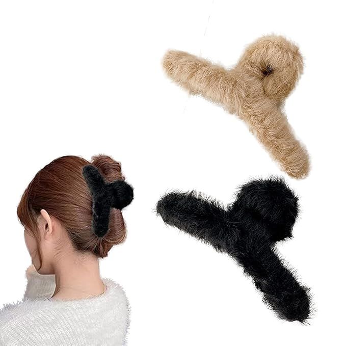 2PCS Plush Hair Claw Clips Cute Hair Clips Super Grip Faux Fur Claw Hair Clips for Women (Khaki&B... | Amazon (US)