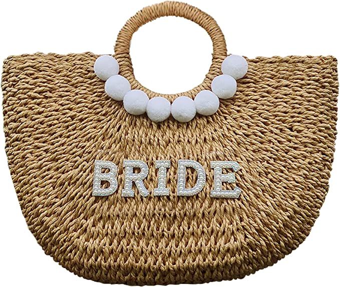Handwoven Straw Beach Bag for Bride –Rhinestone & Pearl Letters – Bachelorette, Wedding, & Ho... | Amazon (US)