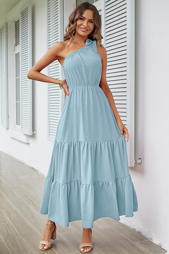 PRETTYGARDEN Women's Summer Floral Maxi Dress Knot One Shoulder Sleeveless Ruffle Flowy Boho Beac... | Amazon (US)