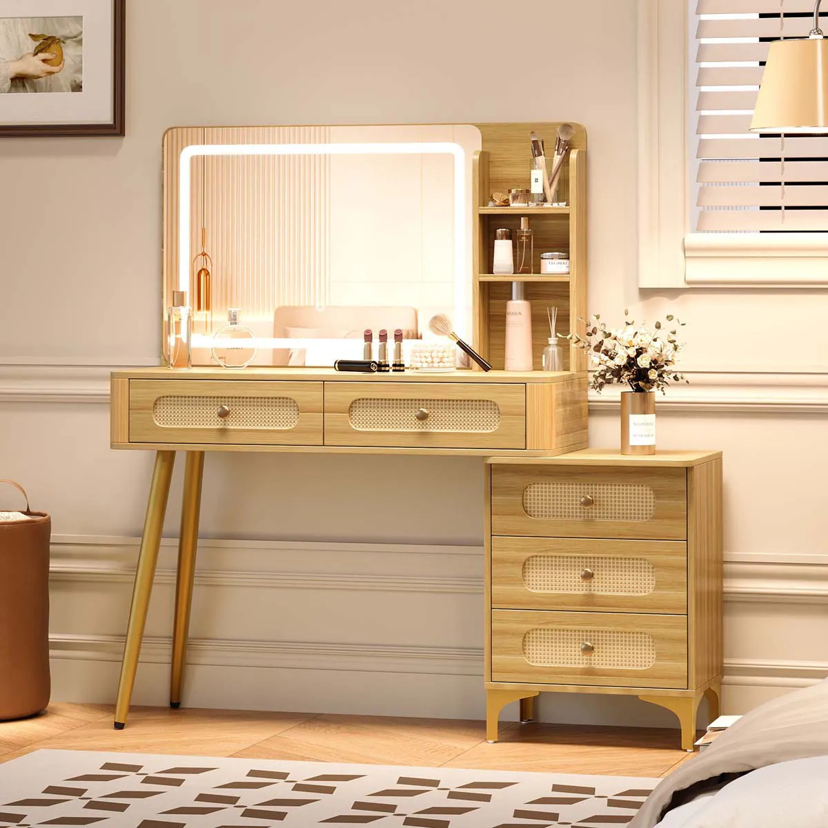 ModernLuxe Assembly Required 47inchVintage Makeup Vanity with Mirror and Lights Makeup Vanity Desk with 5 Drawers and Storage Shelf Rattan Drawer | Lowe's