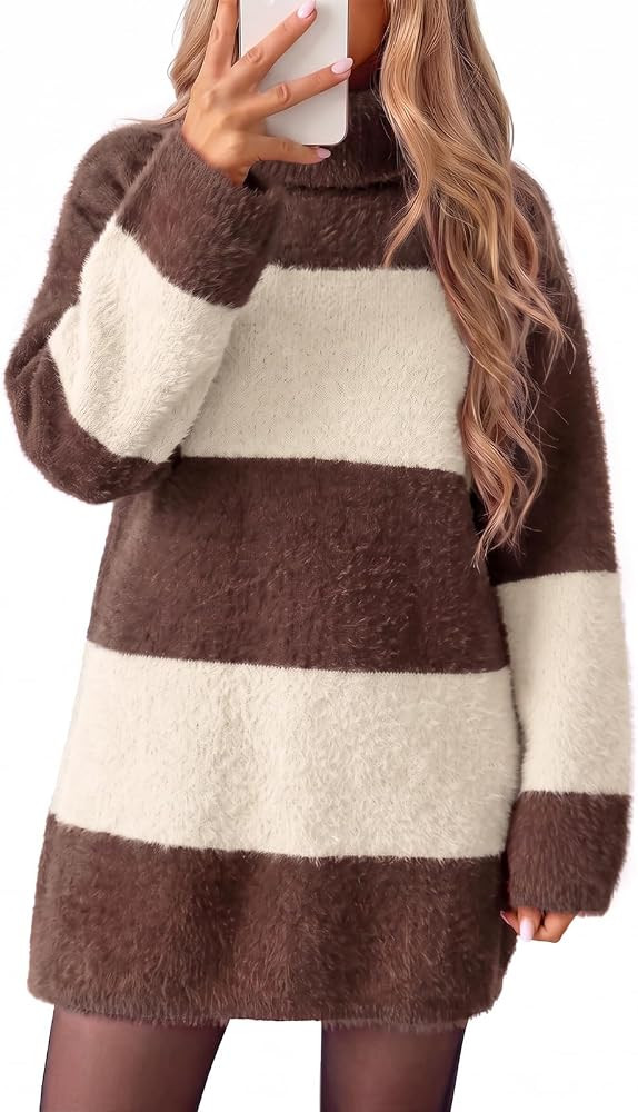 Wenrine Womens Oversized Striped Sweater Dress Chunky Fall Knit Pullover | Amazon (US)