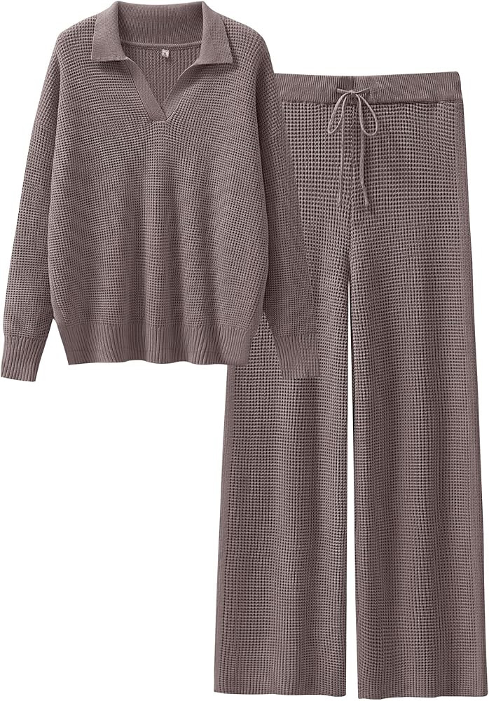 ANRABESS Womens Two Piece Outfits Sweater Sets Waffle Knit Pullover Wide Leg Pants Tracksuit Swea... | Amazon (US)