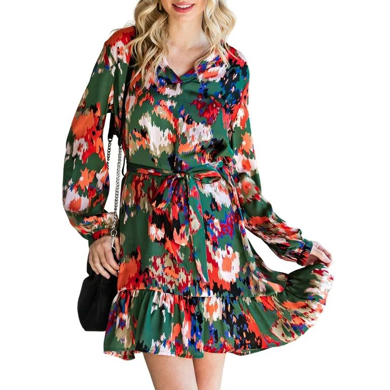 Dokotoo Women's Printed Ruffled Mini Dress Casual V Neck Long Sleeve Flowy Swing Satin Chiffon Wa... | Walmart (US)