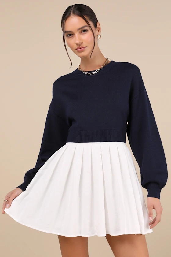 Contemporary Comfort Navy Layered Pleated Sweater Mini Dress | Lulus
